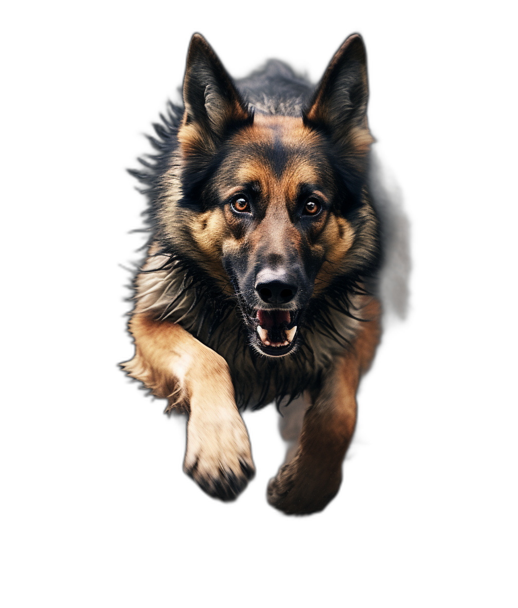 german shepherd running towards camera, isolated on black background, hyper realistic photography