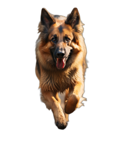 A majestic German Shepherd dog, full body, jumping towards the camera with its tongue out on black background, capturing its dynamic movement and lively expression. High resolution photography, detailed skin texture, natural light, global illumination, professional color grading, soft shadows, no contrast, clean sharp focus for stock photo