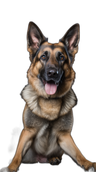 A happy German Shepherd dog sitting for the camera against a black background. Award winning photography with professional color grading and soft shadows, no contrast, clean sharp focus in the digital photography.