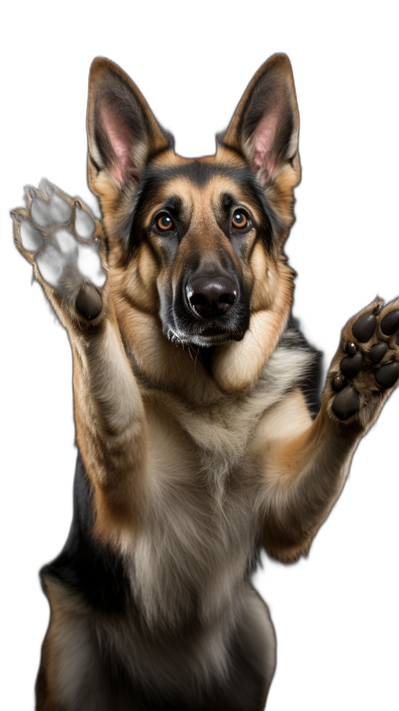 A German Shepherd dog is holding up its front paws, with the two feet facing towards you and creating an adorable perspective, against black background, photo realistic, sharp focus, ultra detailed, high resolution, HDR, wide angle