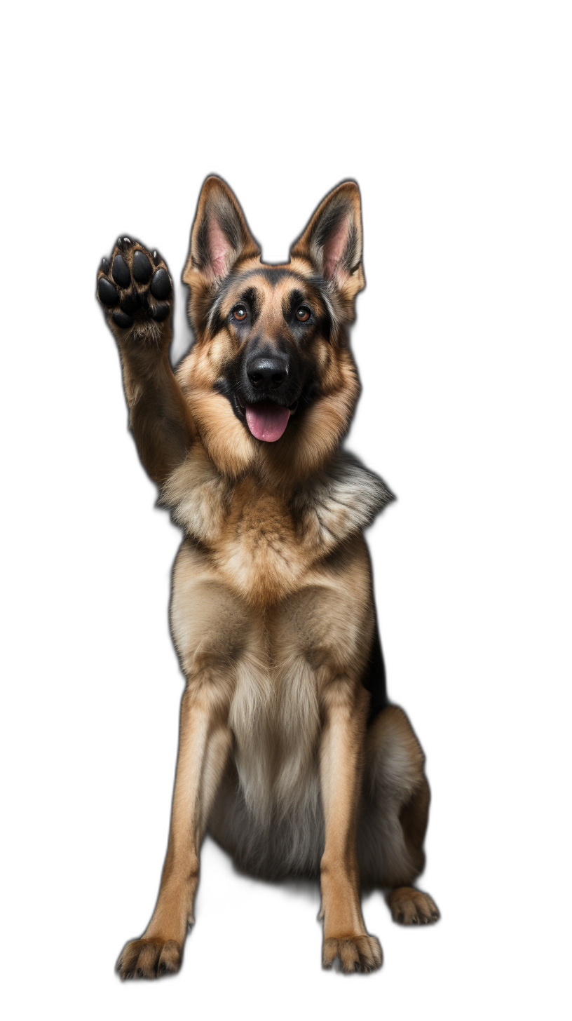 high resolution photograph of an friendly german shepherd sitting and waving its paw on black background