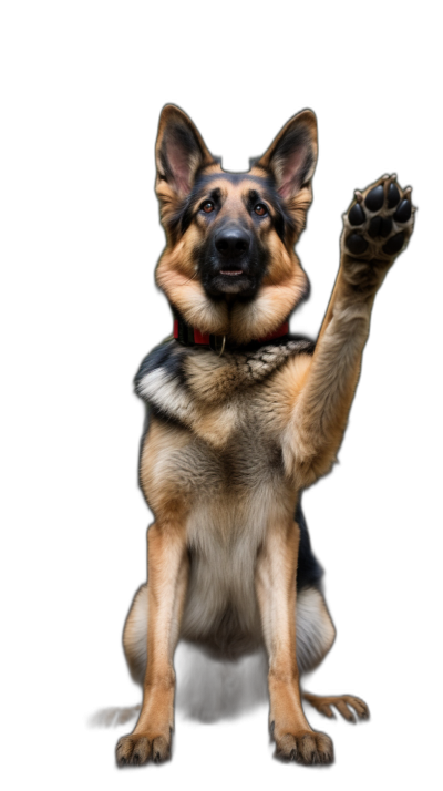 A cute German Shepherd dog sitting on the ground, raising its front paws to high five, black background, high definition photography style