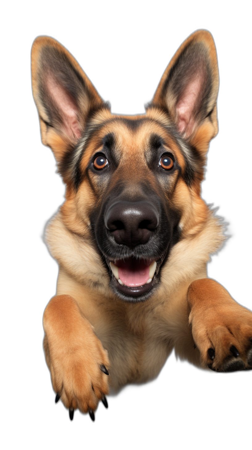 A cute German Shepherd dog smiles at the camera, paws outstretched on a black background, with photorealistic and detailed style in the style of hyperrealism, with professional photography and studio lighting.