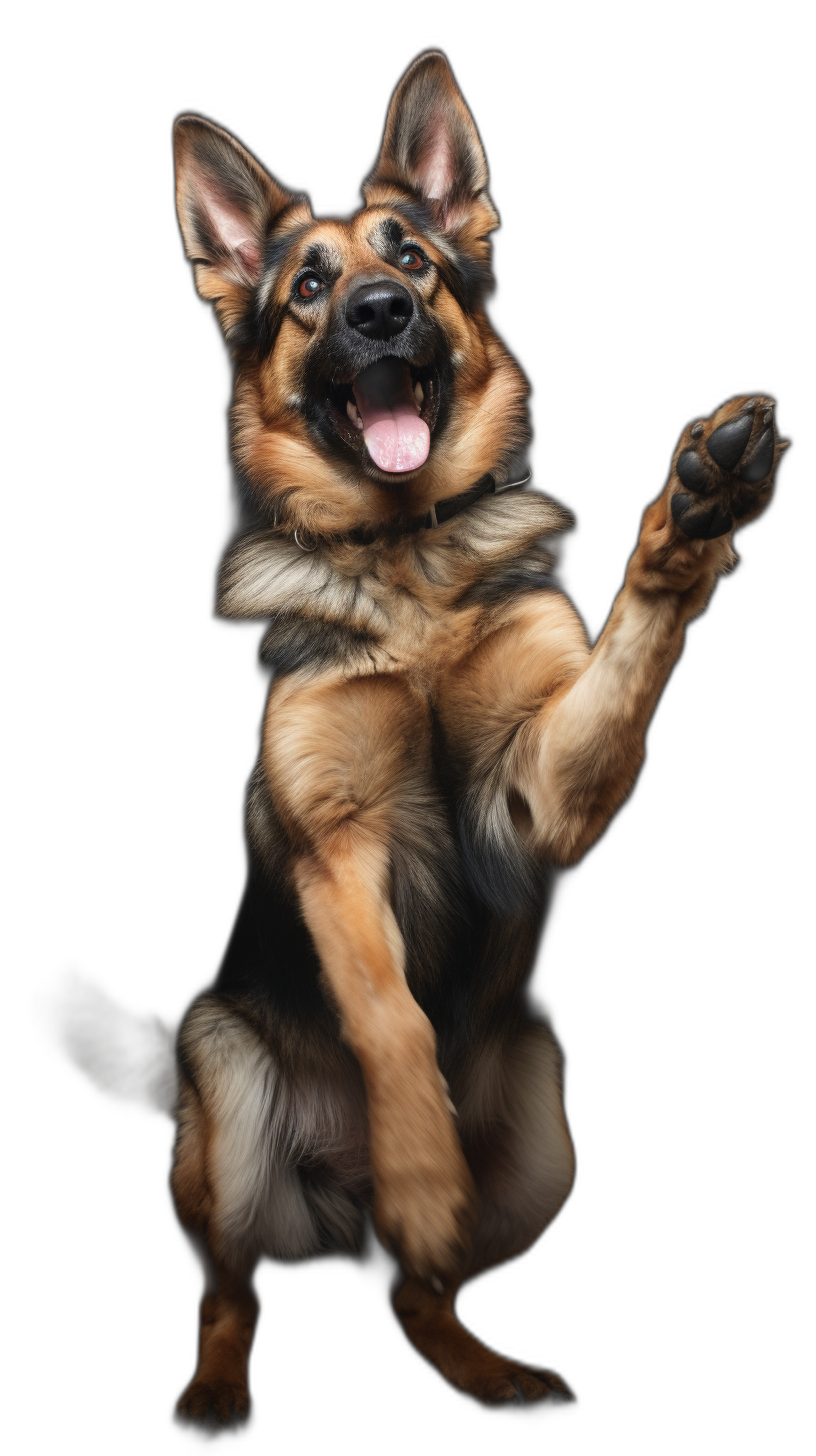 photo of a happy German Shepherd dog standing on its back legs, front paws up in the air like giving a high five, against a black background, rendered in a photorealistic style.