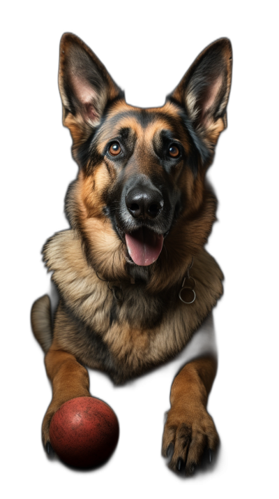 german shepherd dog with red ball, happy face, sitting on black background, looking at camera, professional photography, studio light