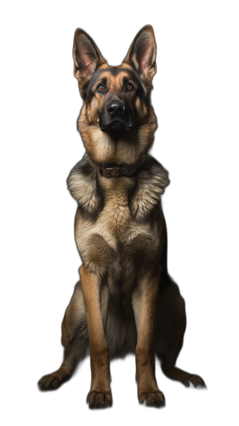 A majestic German Shepherd dog sitting with its head tilted back, illuminated by studio lighting against an allblack background. The camera captures the full body of the friendly and determined pet from above in a frontal view. High resolution photography, taken with Canon EOS R8 photo lens