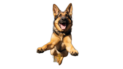 german shepherd jumping, happy face, black background, high definition photography, studio light