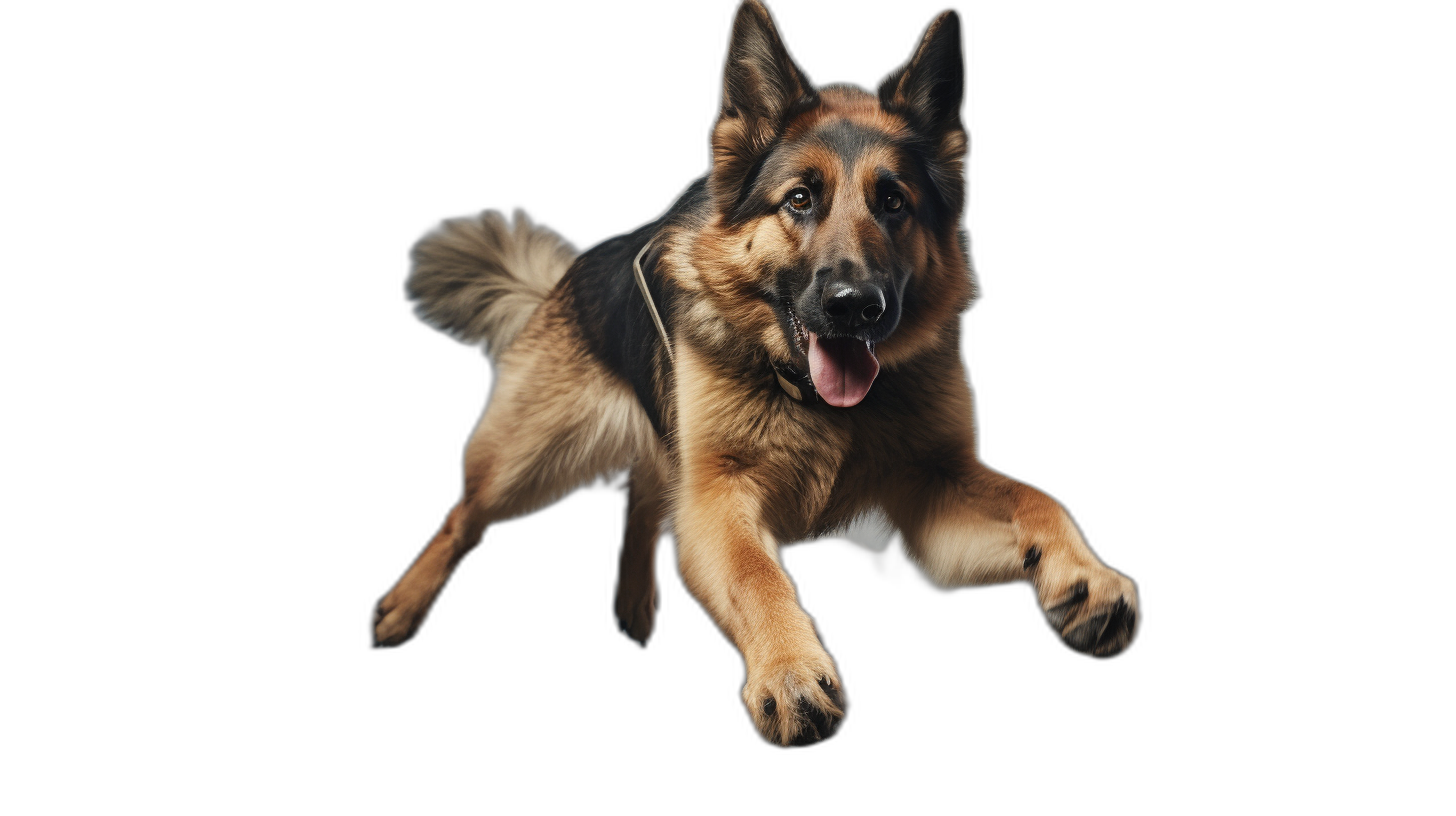 German shepherd jumping on black background, high resolution photograph. The image is in the style of high resolution photography.