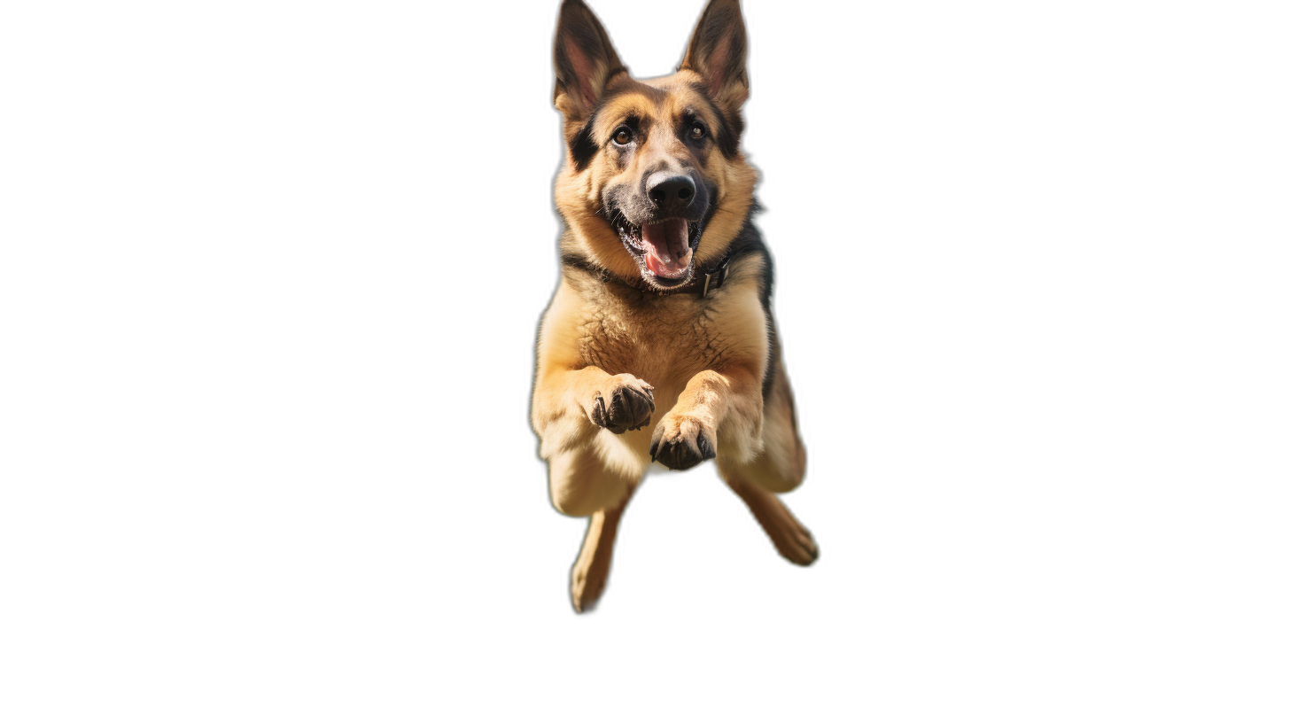 german shepherd jumping in the air, happy face, black background, high definition photography, hyper realistic