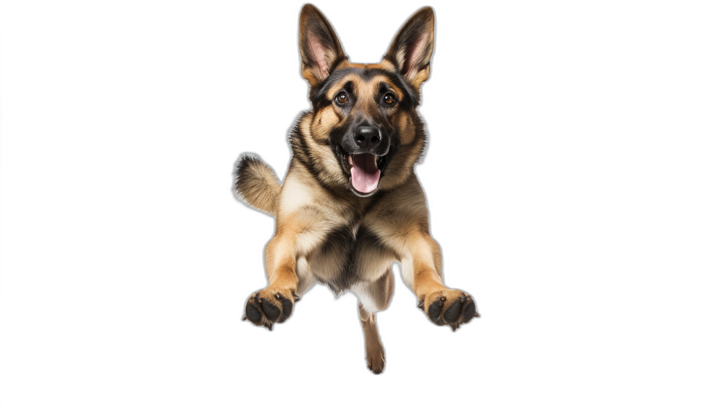 Create frontal picture of an happy german shepherd jumping in the air, isolated on black background, ultra realistic photography