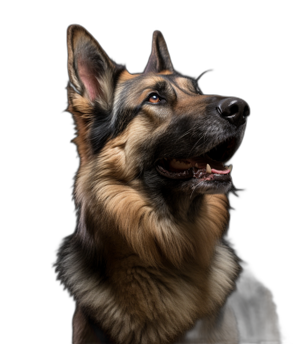 portrait of happy German Shepherd, Canon EOS R8, studio photography, black background, professional color grading, soft shadows, no contrast, clean sharp focus, in the style of professional photographers.