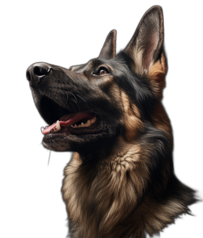 Photorealistic portrait of a happy German Shepherd on a black background, a headshot with soft light from the side. Taken with a Hasselblad X2D camera, the photography aims for hyper realism in the style of ultra wide angle photography.