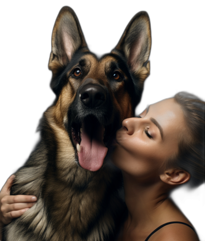 A beautiful woman kissing her German Shepherd dog against a black background in a beauty portrait taken in a professional studio with soft lighting, with highly detailed and intricate super realistic photography in the style of a professional photo.