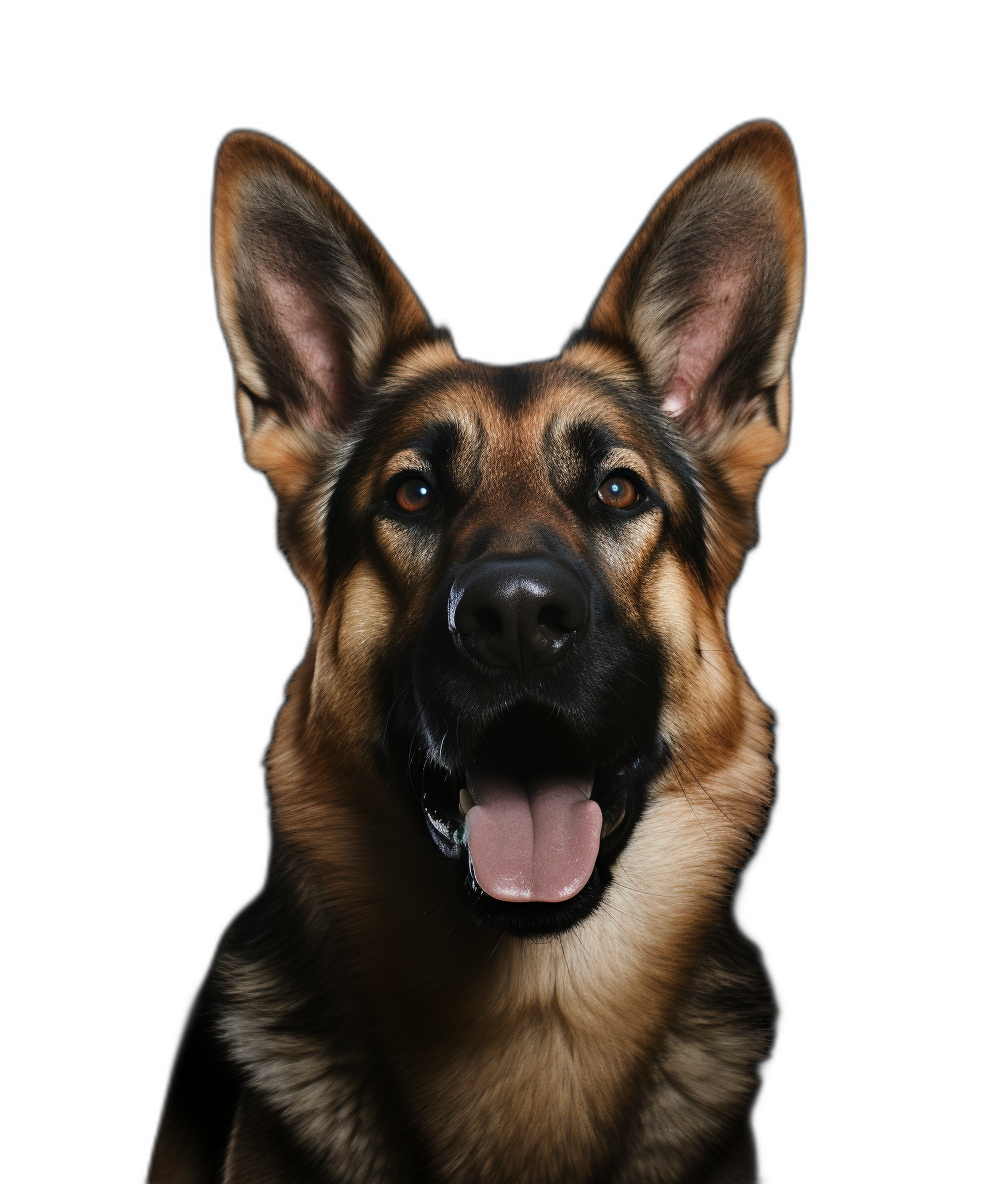 a happy german shepherd dog with its tongue out, isolated on black background, portrait photography, high resolution photograph