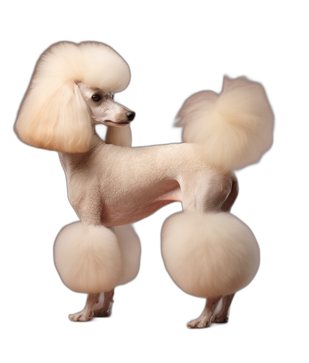 photorealistic full body shot of light colored poodle with large, white tail hair on top and very small legs. black background. professional photography.