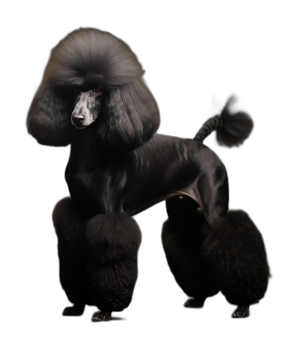 black poodle full body, hairless , high resolution photography, insanely detailed, fine details, isolated on black background, professional color grading