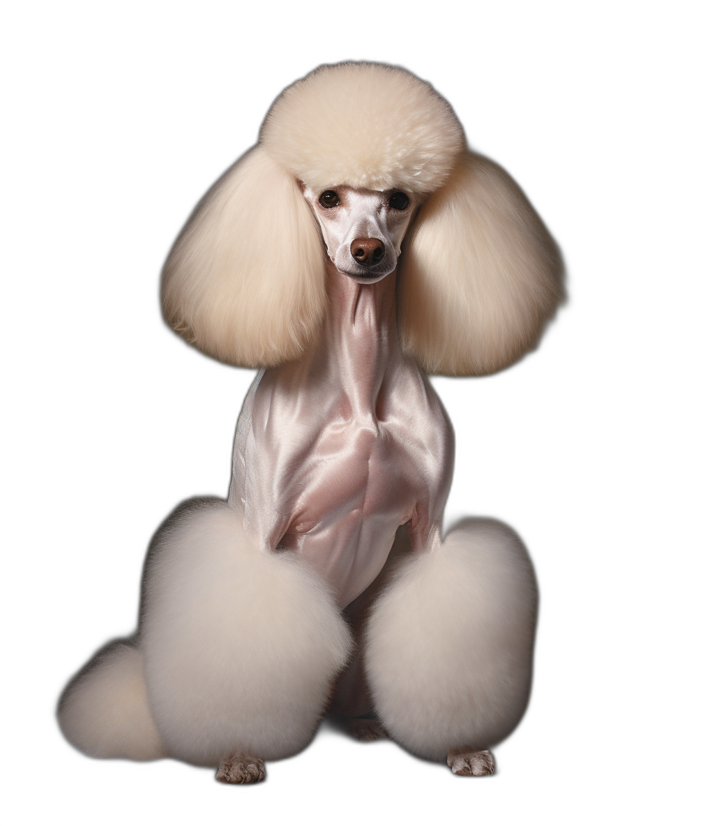 white poodle with white fur, full body photography, sitting on a black background, symmetrical composition, studio lighting, high resolution photography, sharp focus, professional color grading, no contrast, clean sharp focus, no grainy textures, editorial magazine photo shoot, award winning photography, magazine cover photography, natural light, shot in the style of Hasselblad camera.