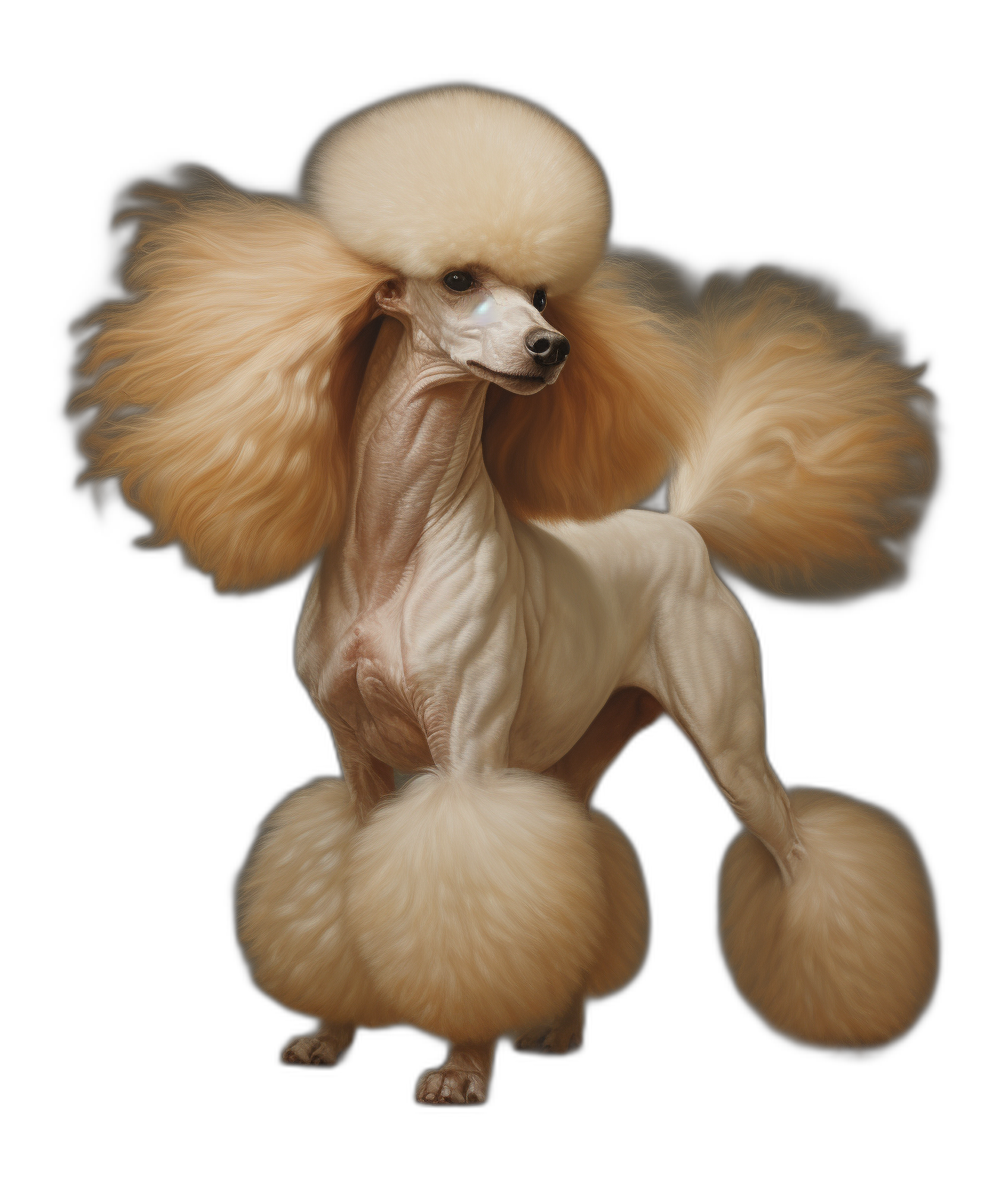 A full body shot of an extremely well groomed light cream colored poodle with long fluffy fur, black background, photorealistic, hyperrealism, cinematic photography, sharp focus, high resolution, extreme details,