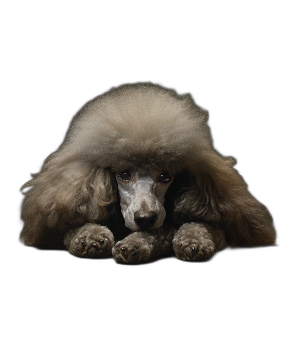 Poodle with its head on its paws, lying down, symmetrical composition, black background, soft lighting, portrait photography, fluffy fur texture, elegant pose, high resolution, professional photograph, studio shot.