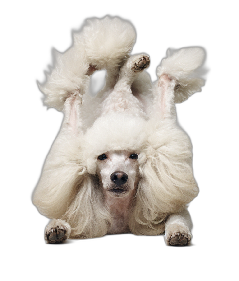 white poodle doing yoga pose upside down, black background, full body, high definition photography portrait art, award winning studio photo with soft lighting and high contrast