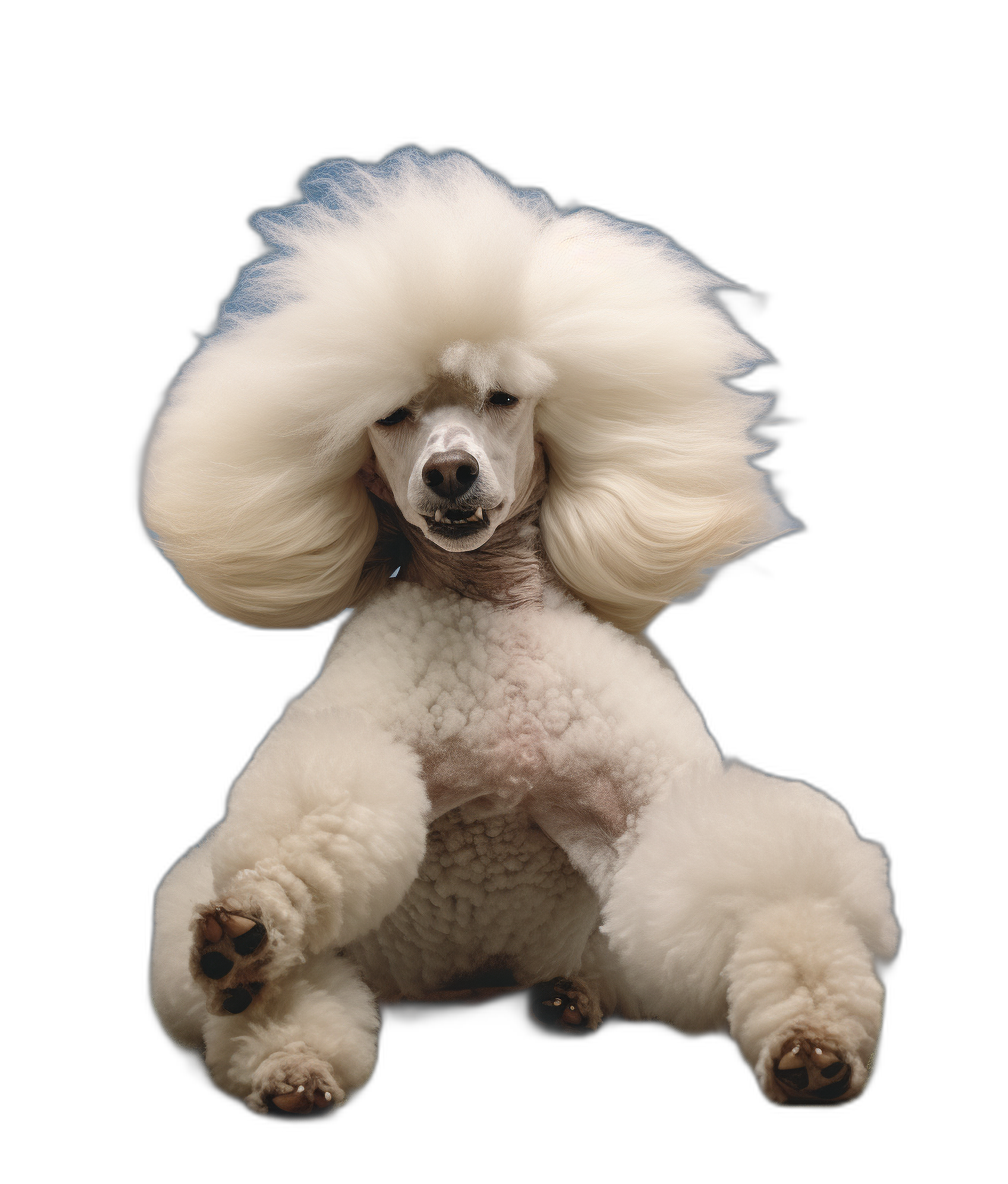 White poodle sitting with large hair on its head, black background, full body portrait, symmetrical composition, studio photograph, soft lighting, high definition photography, advertising shoot, high resolution image. The photograph is in the style of a studio portrait.