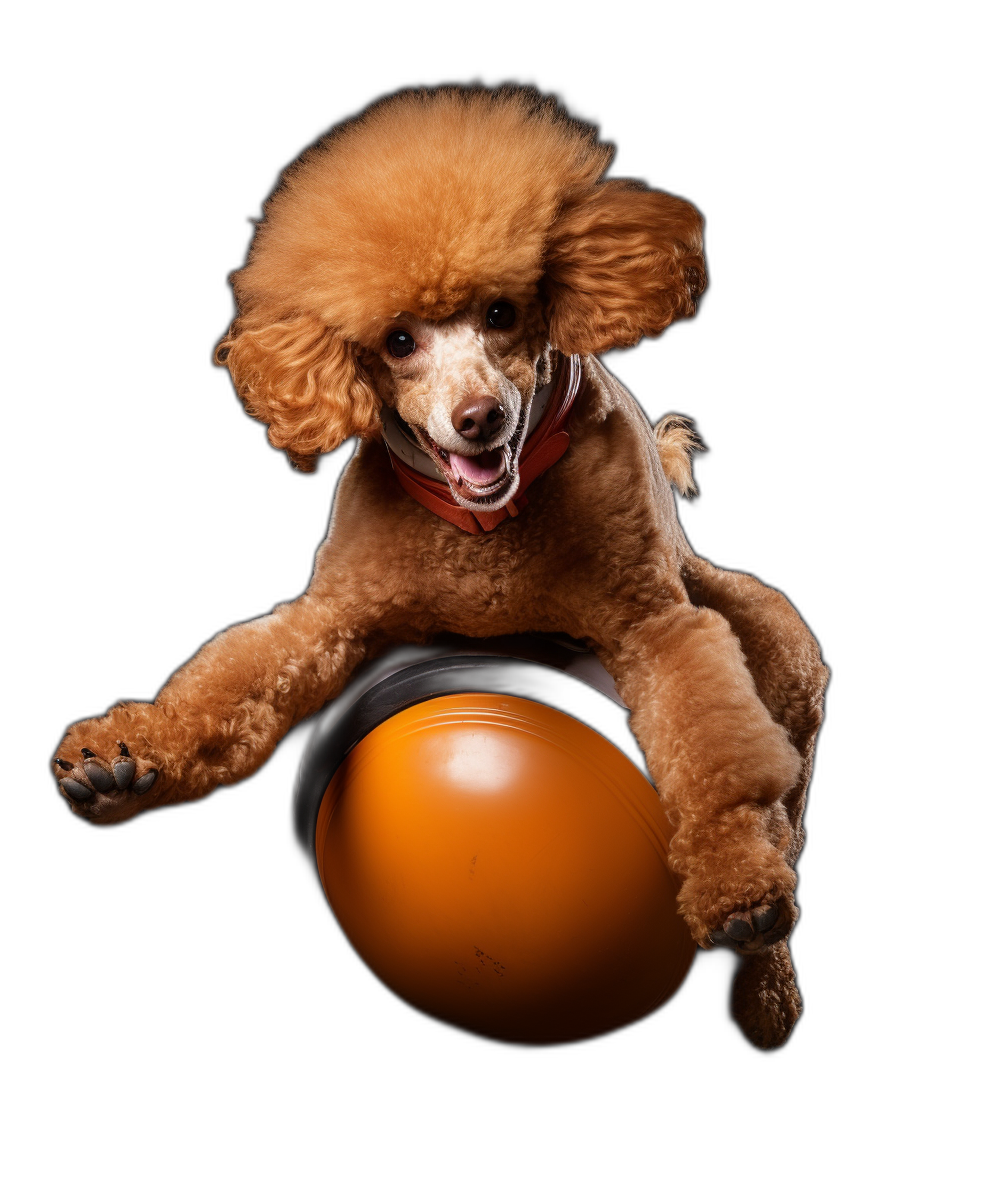 Cute brown poodle dog jumping on top of an orange ball against a black background, in a professionally photographed studio scene with lighting.