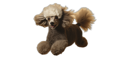 Poodle in mid air, highly detailed, black background, studio photography, professional color grading, soft shadows, no contrast, clean sharp focus digital photography