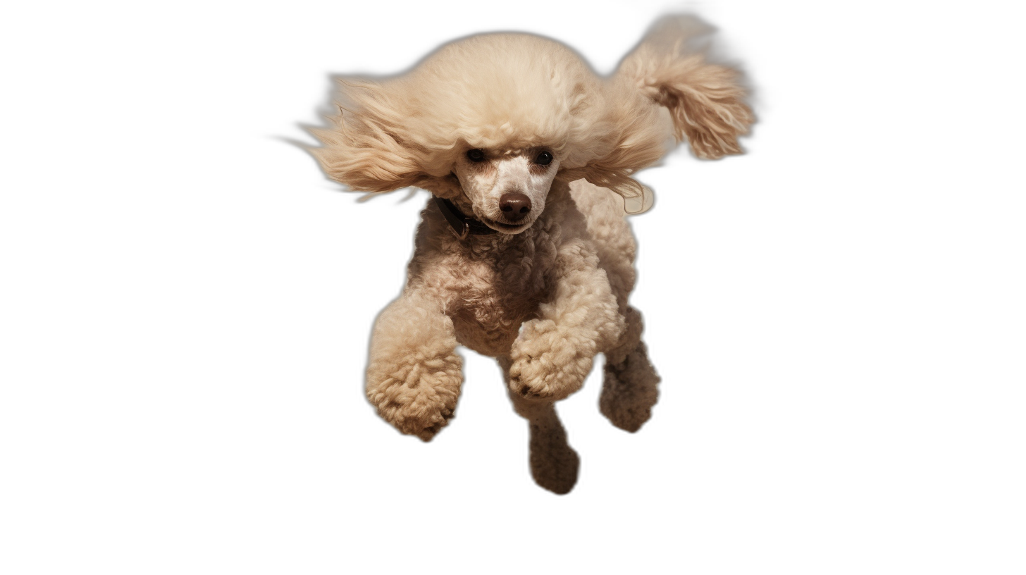 A cream colored poodle is flying in the air, full body shot against a black background, captured with high speed photography in a photo grade aerial view angle.