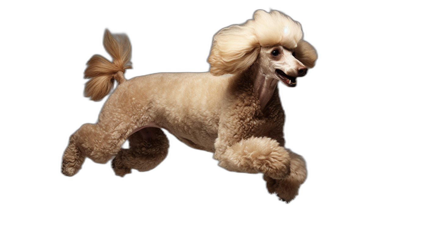 A light brown poodle is jumping in a full body shot isolated on a black background in the style of high resolution photography.