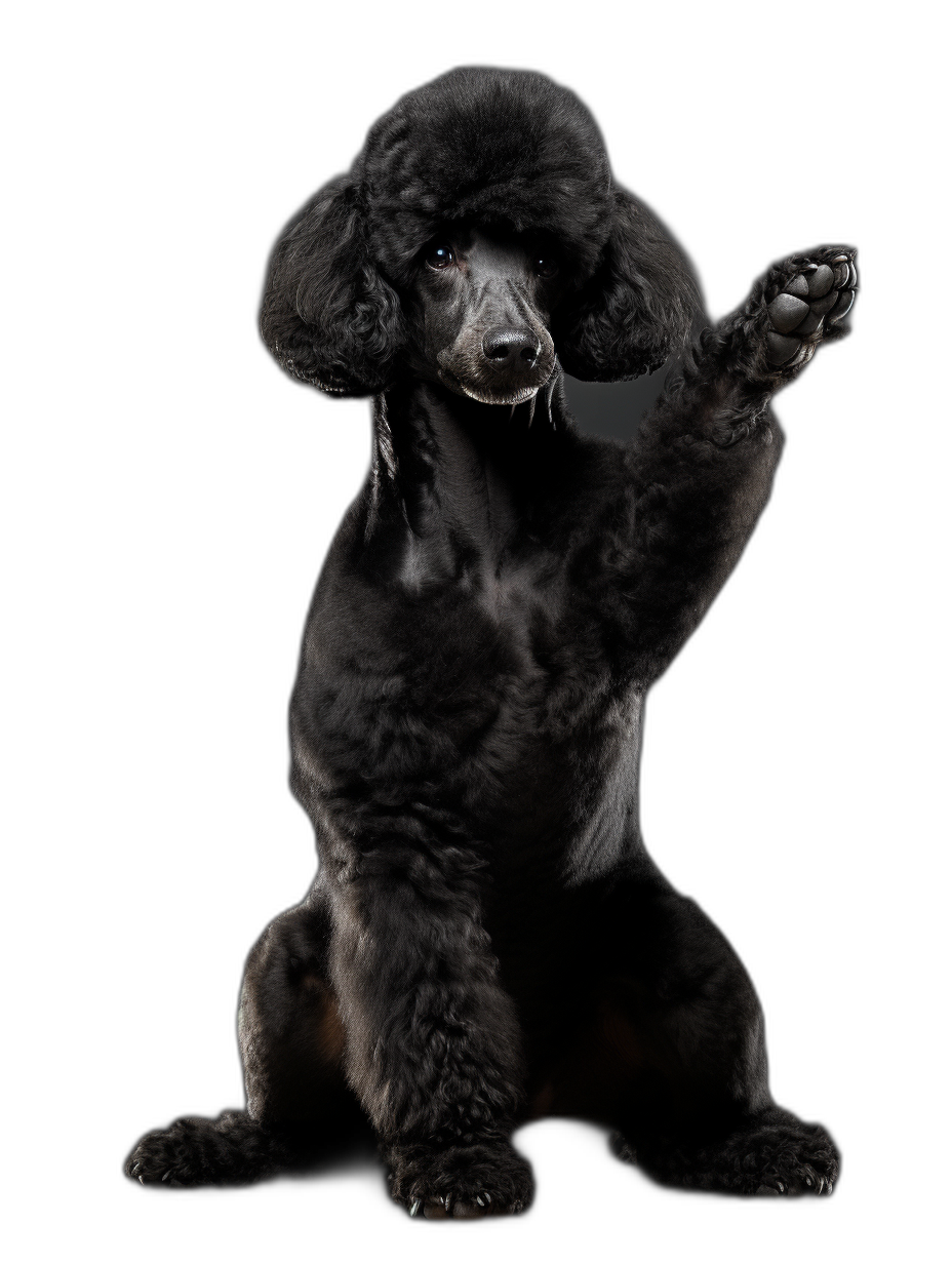 Black poodle standing on its back legs, doing a high five with its front two legs, full body, black background, photography, award winning photography, high definition, high resolution, studio photo, fine details, fine art in the style of studio photo.