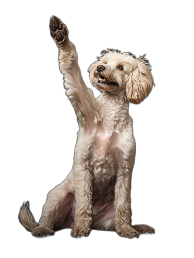 A happy and playful white labradoodle dog sitting up, raising one leg to give high five pose, black background, hyper realistic photography