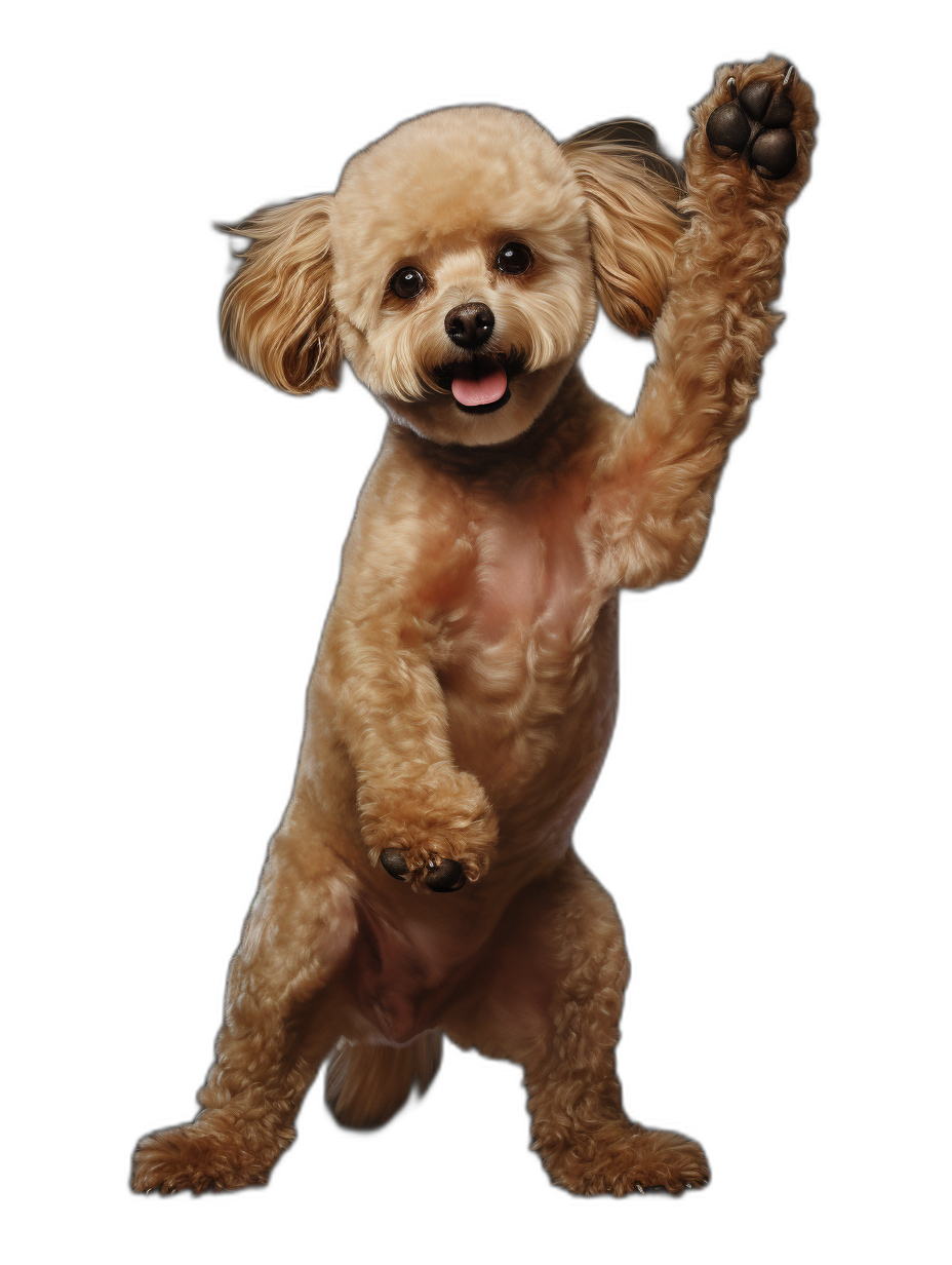 A full-body shot of a happy toy poodle doing a high-five pose, isolated on a black background, in the photorealistic style.