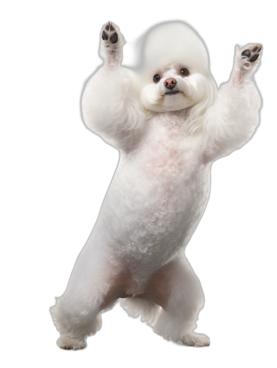 White Bichon Frise standing on hind legs, doing an elegant dance with its front paws raised isolated black background, hyper realistic photography