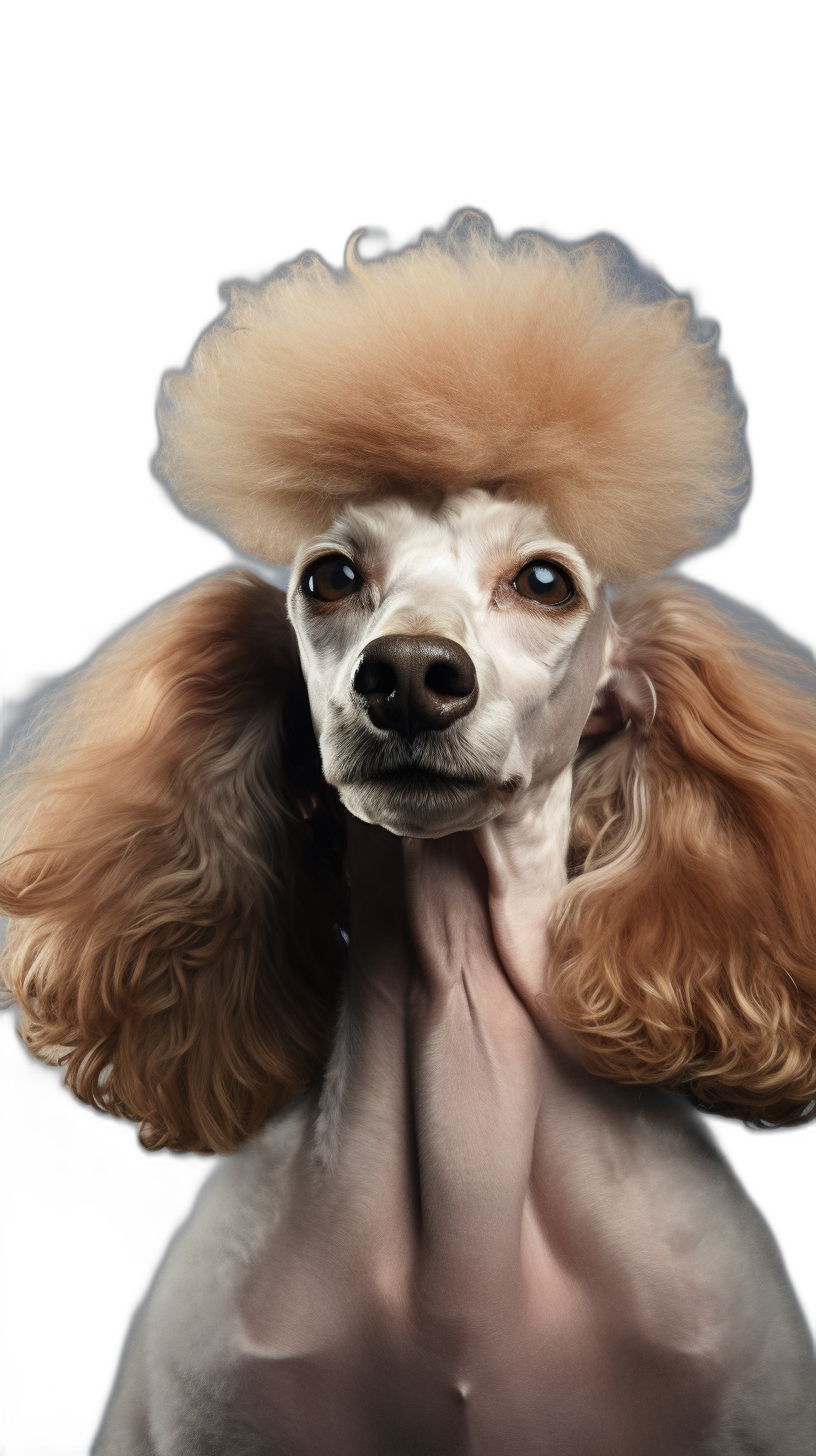 A portrait of a poodle dog with an extremely large hairless head on a black background. Award winning photography with professional color grading and soft shadows, no contrast, clean sharp focus in the digital photography.