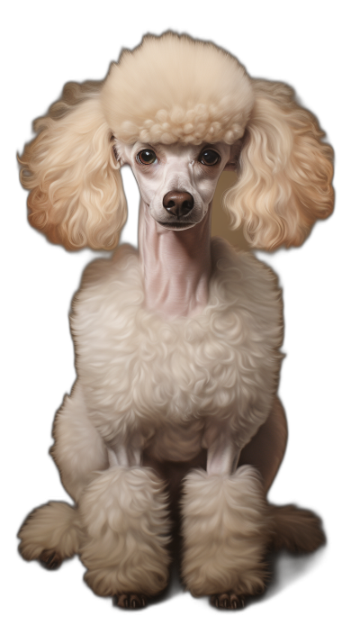 A hyper realistic portrait of A cream colored poodle sitting, full body, black background, detailed fur and texture, photorealistic, studio lighting, softbox, global illumination