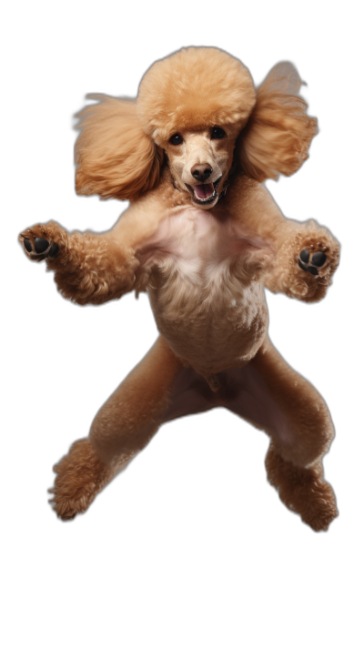 A light brown poodle is jumping in the air against a black background in the style of hyperrealistic photography with a full body shot captured at high definition and high resolution.