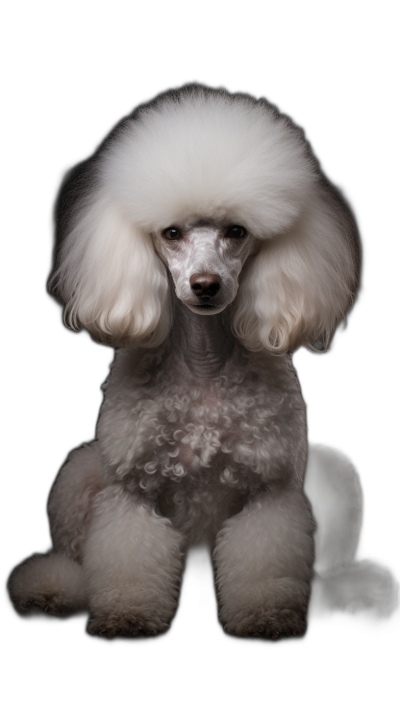 Poodle with white fur, sitting full body pose, black background, Award winning photography, professional color grading, soft shadows, no contrast, clean sharp focus digital photography