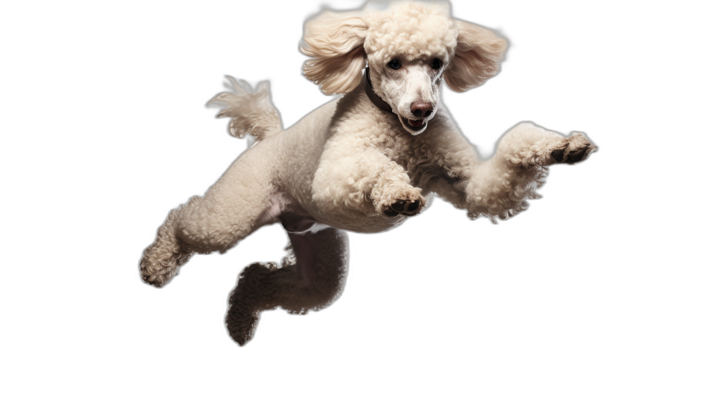 A cream colored poodle doing a flying dive against a black background, in the style of high definition photography.