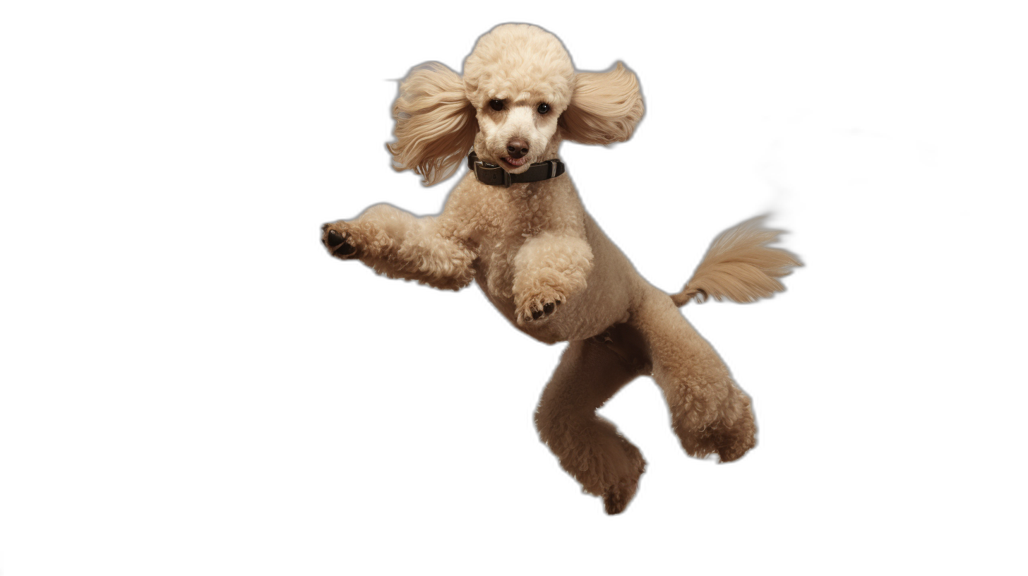 Beige poodle jumping in the air, black background, high definition photography style