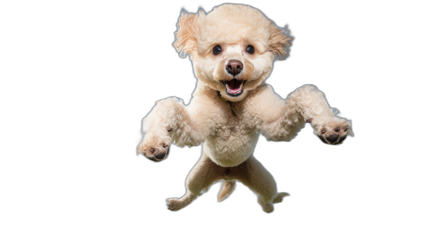 A cream colored poodle jumping up in the air against a black background, with high speed photography capturing a full body shot of the cute and dreamy scene in a happycore style, along with candid shots of famous figures portrayed in various artistic styles.