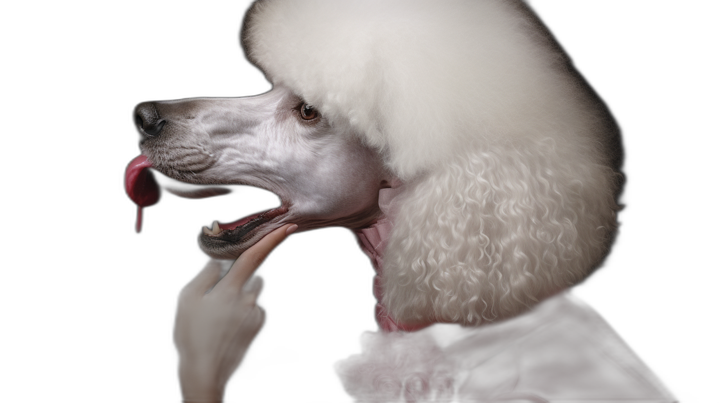 A white poodle with a pink collar licking the face of an elegant woman against a black background, portrait photography in the style of hyper realistic.