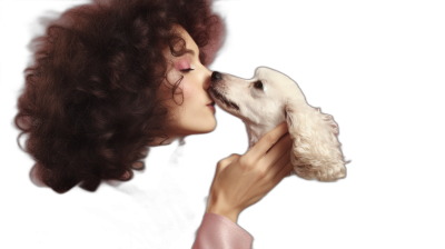 A beautiful woman with curly brown hair, wearing pink lipstick and pink is kissing her white poodle in the style of digital airbrushing on a black background, in a vintage, hyper realistic, retro style.