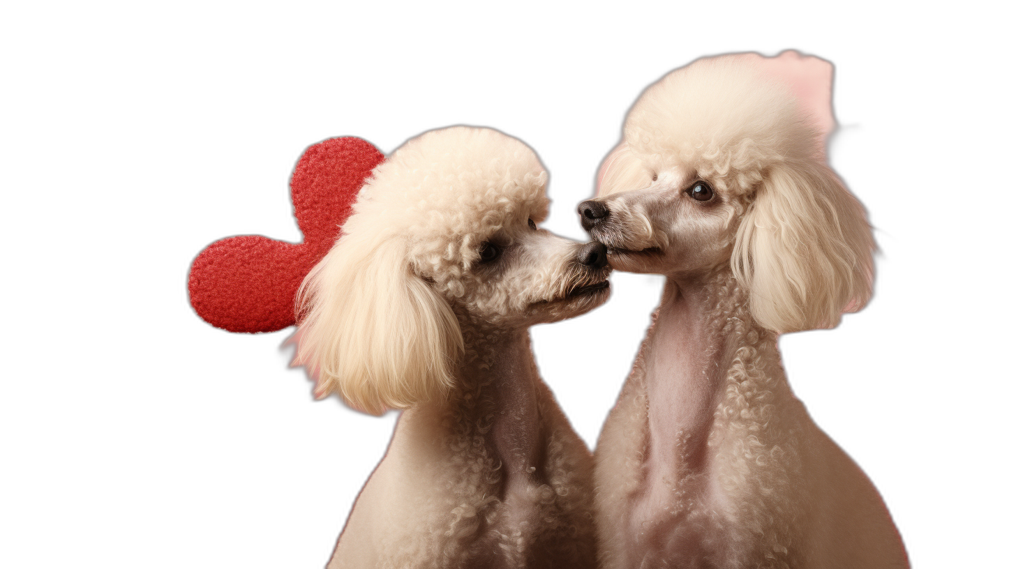 two white poodles kissing, a red heart-shaped decoration on their head, against an isolated black background, in the style of high resolution photography