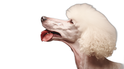 A white poodle dog is seen from the side with its tongue out, on a solid black background. The photography has won awards, with professional color grading, soft shadows and clean sharp focus in the digital photograph.