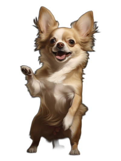 high resolution, hyper realistic digital art of an happy chihuahua standing on its hind legs with one paw raised as if waving hello. The dog has long hair and is light brown in color. Black background.