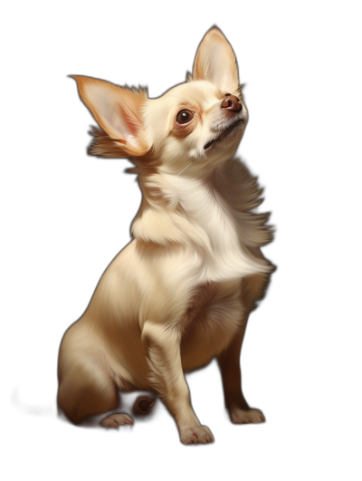 A hyper realistic digital painting of the full body portrait of an adorable cream colored chihuahua sitting on its hind legs, with one ear up and other down looking to her right side, on black background, soft lighting, global illumination,