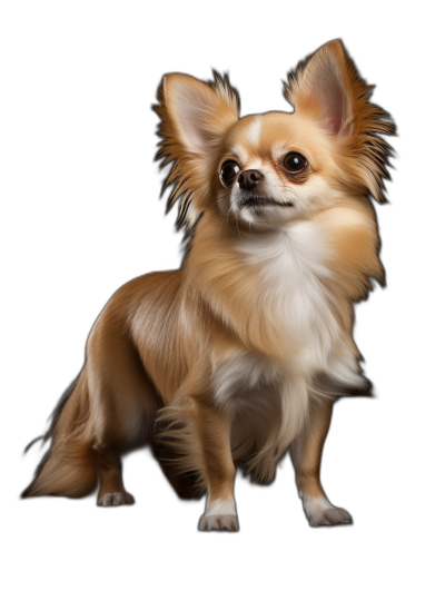 photorealistic full-body portrait of a cute light brown and white chihuahua, isolated on a black background, professional photography, award-winning photograph, stock photo quality in the style of professional photographers.