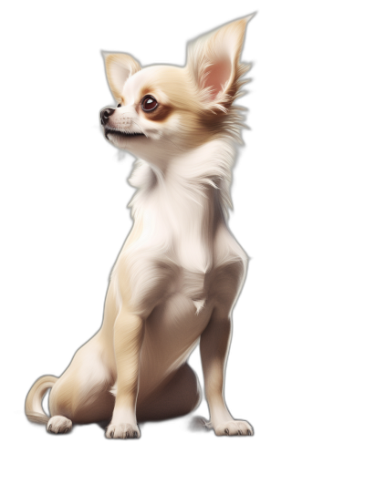 A white and beige chihuahua sitting on a black background, in a cartoon style, as a digital full body portrait in the style of [Artgerm](https://goo.gl/search?artist%20Artgerm).