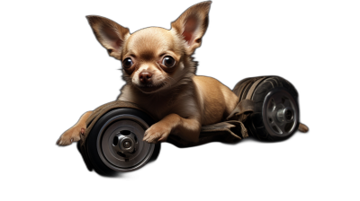 A cute chihuahua puppy is working out with weights on a black background in a studio shot, in the style of photorealistic, high resolution photography.