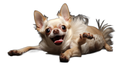 high quality photos of a white longhaired Chihuahua dog jumping and lying on his back with his mouth open against a black background, in the style of no artist.